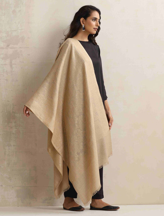 trueBrowns Beige Floral Jaal Woollen Stole | Swadesiicart