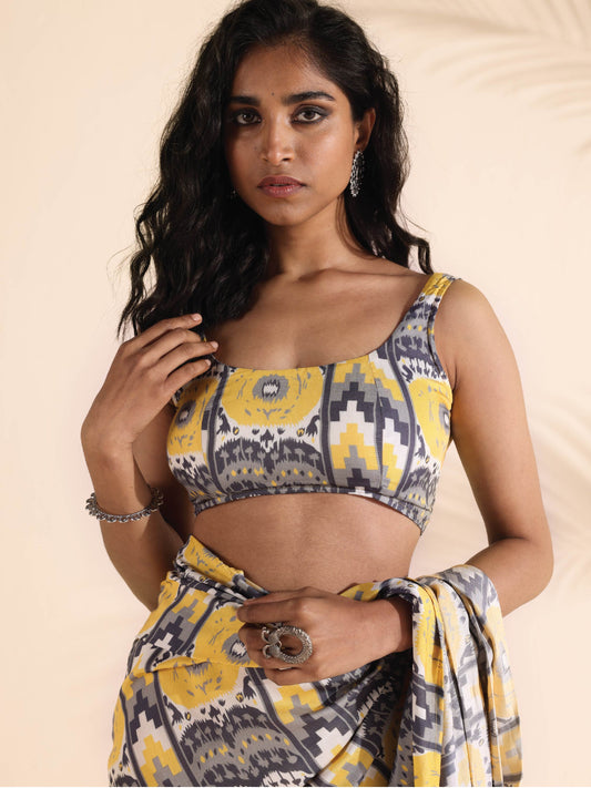 trueBrowns Yellow Muslin Ikat Sleeveless Blouse | Swadesiicart