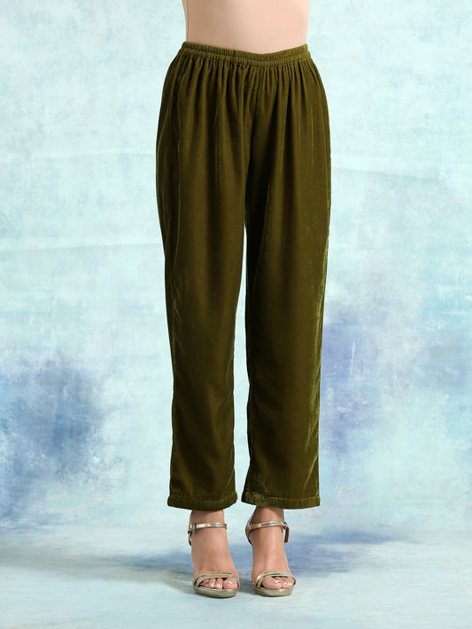 trueBrowns Mehandi Velvet Pant | Swadesiicart