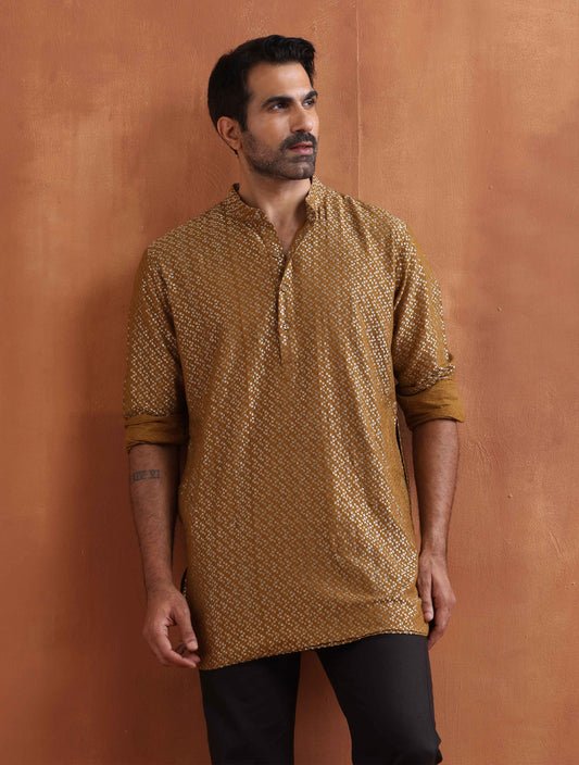 trueBrowns Men's Mustard Cotton Dobby Short Kurta | Swadesiicart