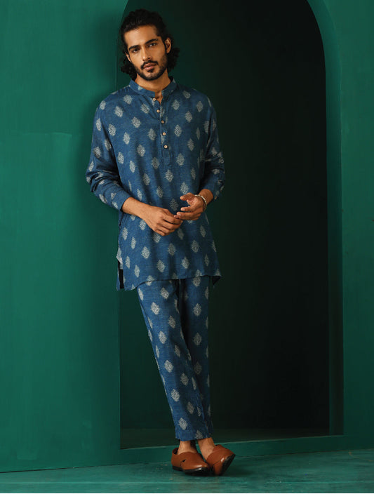 trueBrowns Men's Blue Floral Muslin Silk Printed Co-ord Set - Swadesiicart