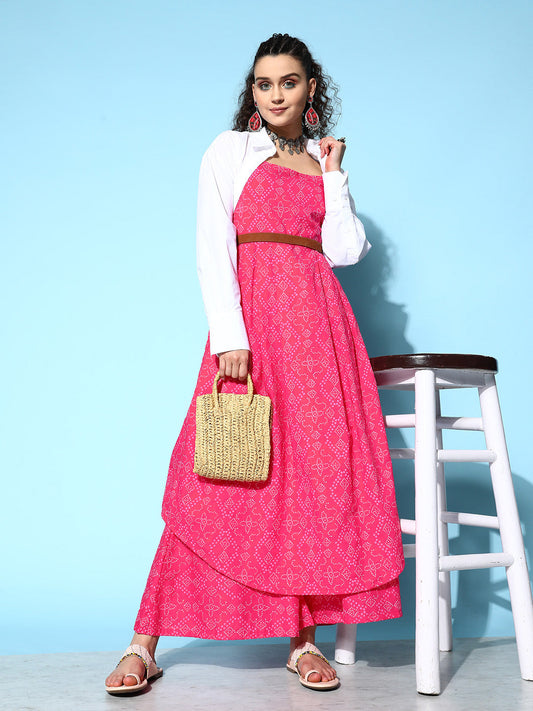 InWeave Women's Pink Bandhani Strappy Kurta Set - Swadesiicart