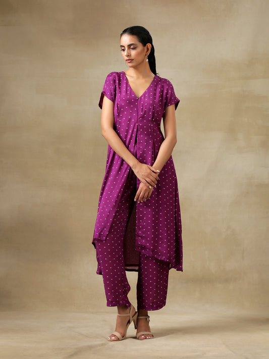 trueBrowns Purple Bandhani Printed Silk Drop Shoulder Kurta Pant Set | Swadesiicart