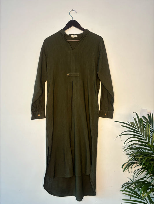 trueBrowns Olive Green Slub Kurta | Swadesiicart
