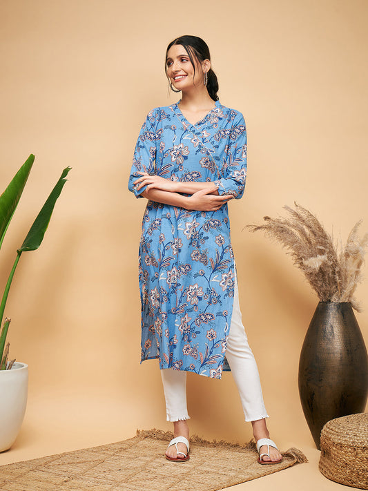 InWeave Women's Skyblue Pink Floral Angrakha Straight Kurta - Swadesiicart