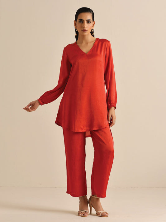 trueBrowns Rust Silk Blend Short Co-Ord Set - Swadesiicart