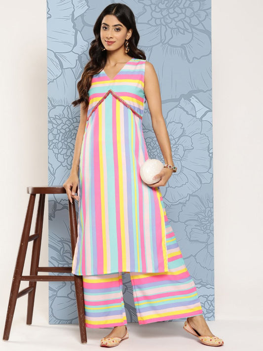 Ahalyaa Striped Empire Gotta Patti Kurta With Palazzos | Swadesiicart