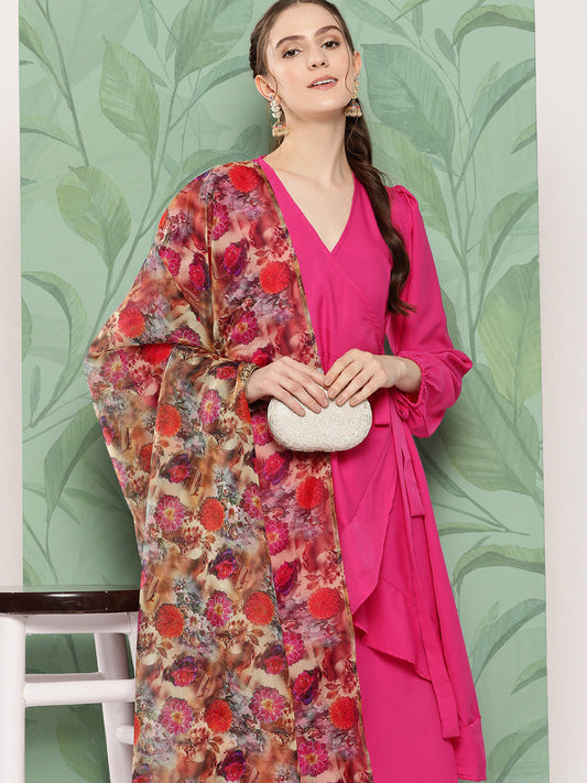 InWeave Women's Magenta Tie Up Kurta Set W Camel Brown Or Dupatta - Swadesiicart