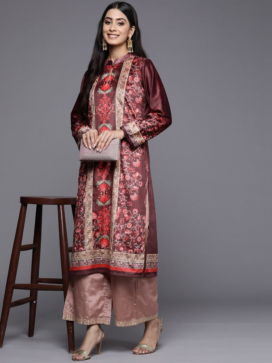 Ahalyaa Women Burgundy & Golden Floral Printed Gotta Patti Floral Velvet Kurta | Swadesiicart