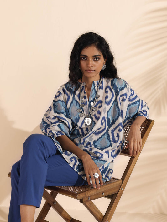 trueBrowns Blue Cotton Ikat Kaftan Co-ord Set - Swadesiicart