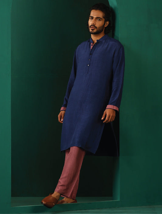 trueBrowns Men's Blue Silk Long Kurta | Swadesiicart