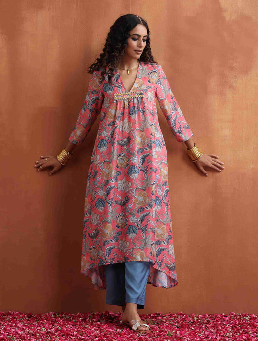 trueBrowns Orange Print A-line Kurta Set | Swadesiicart