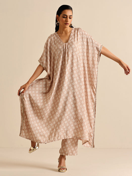 trueBrowns Beige White Floral Silk Print Kaftan Pant Set | Swadesiicart