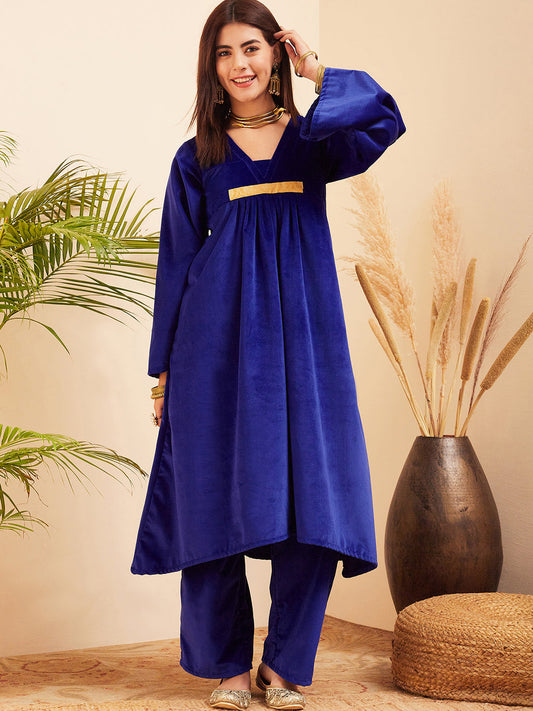 InWeave Women's Royal Blue V Neck Asymmetrical Pleated Velvet Kurta Set - Swadesiicart