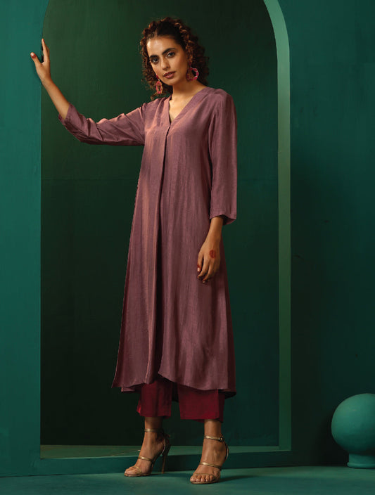 trueBrowns Light Mauve Silk Front Pleat Kurta Pant Set | Swadesiicart