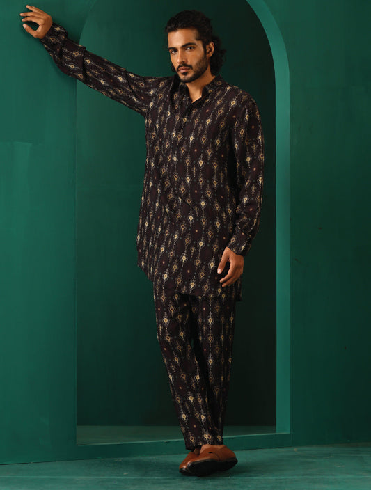 trueBrowns Men's Black Tonal Ikat Muslin Silk Printed Co-ord Set - Swadesiicart
