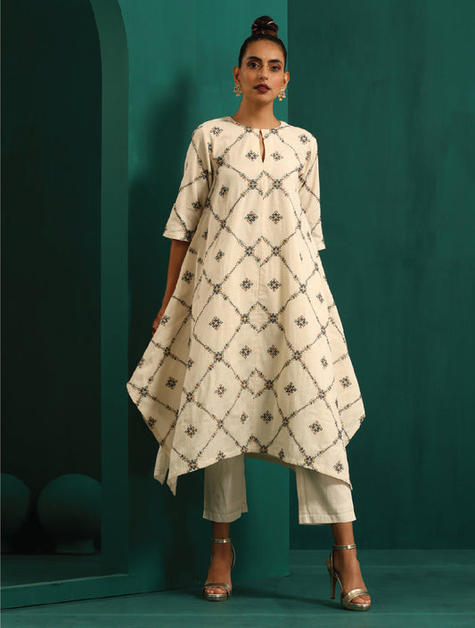 trueBrowns Ivory Rhombus Cotton Handkerchief Kurta Pant Set | Swadesiicart