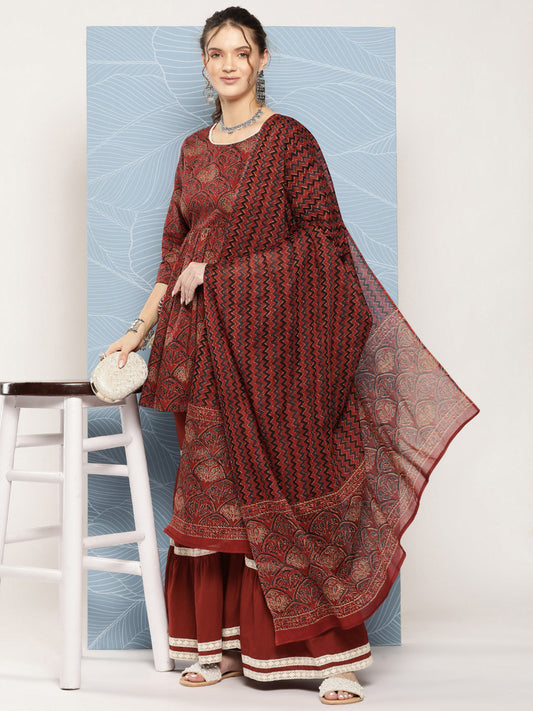InWeave Women's Brick Rust Ajrakh Sharara Set With Dupatta - Swadesiicart
