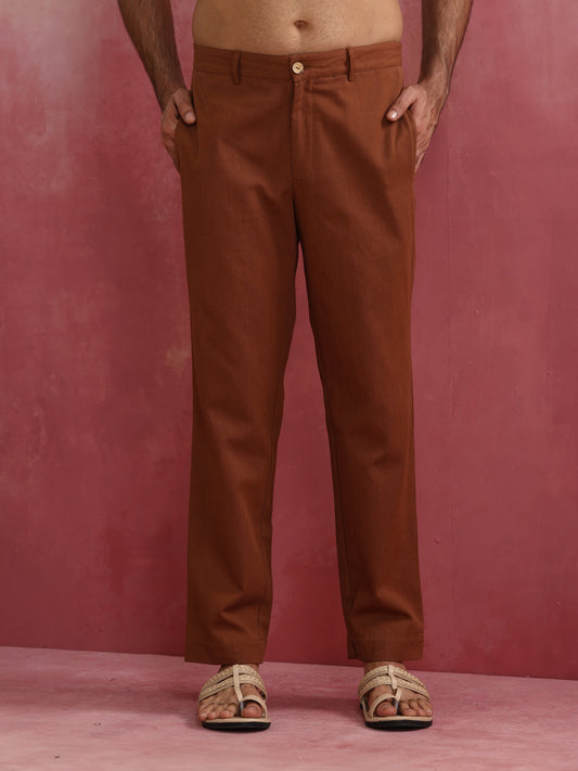 trueBrowns Men's Brown Cotton Twill Pants | Swadesiicart