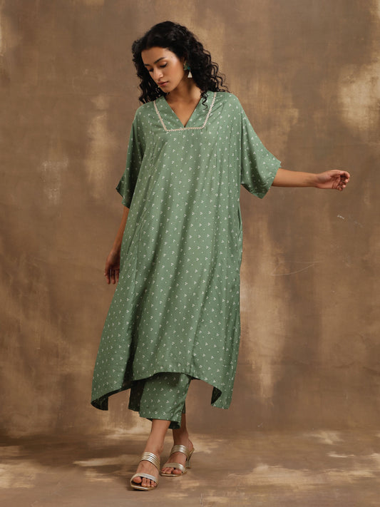 trueBrowns Light Green Bandhani Printed Silk Oversized Kurta Pant Set | Swadesiicart
