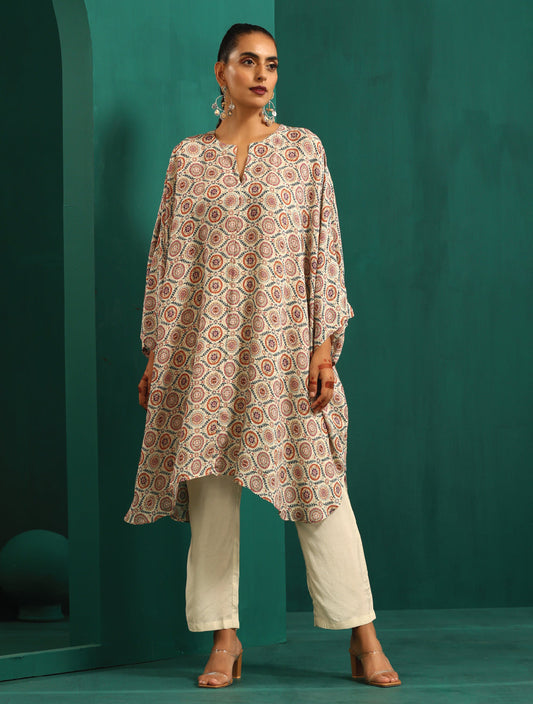 trueBrowns Off White Circle Floral Muslin Silk Printed Kaftan Pant Set | Swadesiicart