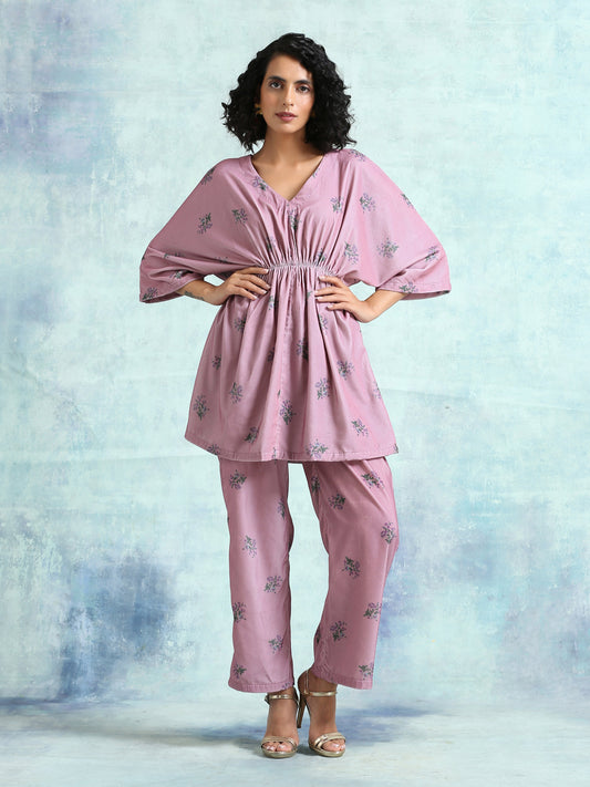 trueBrowns Light Mauve Printed Velvet Co-Ord Set - Swadesiicart