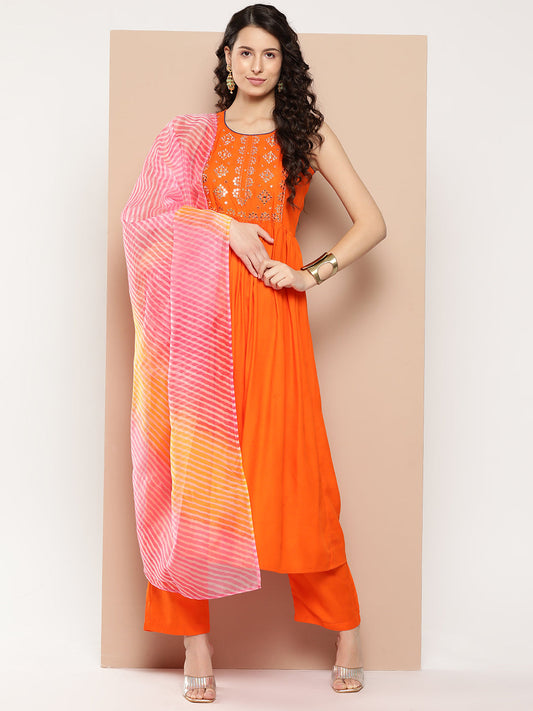 InWeave Women's Orange Mirror Work Aline Strappy Kurta Set W Pink Yellow Leh Dupatta - Swadesiicart