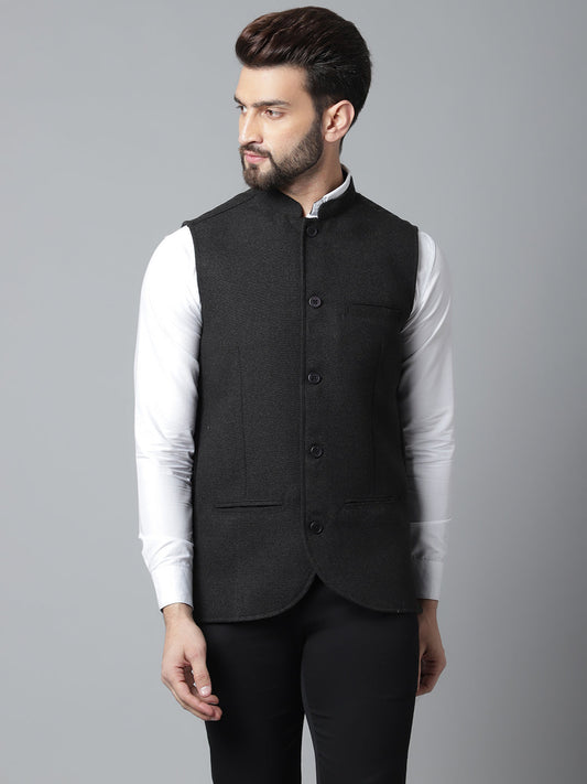 Even Apparels Men's Black Pure Wool Nehru Jacket | Swadesiicart