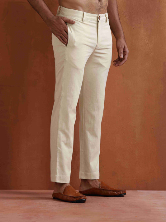 trueBrowns Men's Off White Cotton Twill Pants | Swadesiicart