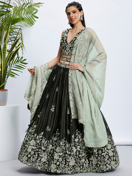 House of Panchhi Turquoise Blue Georgette Sequins And Thread Embroidery Lehenga Choli & Dupatta | Swadesiicart