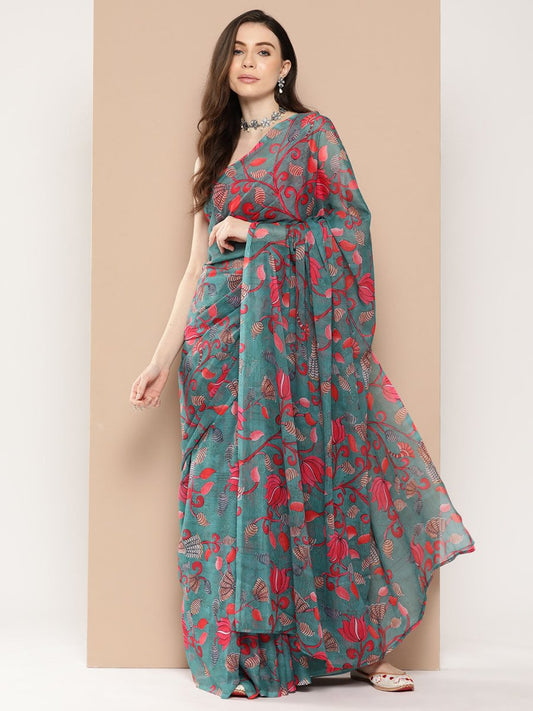 Ahalyaa Floral Poly Chiffon Saree | Swadesiicart