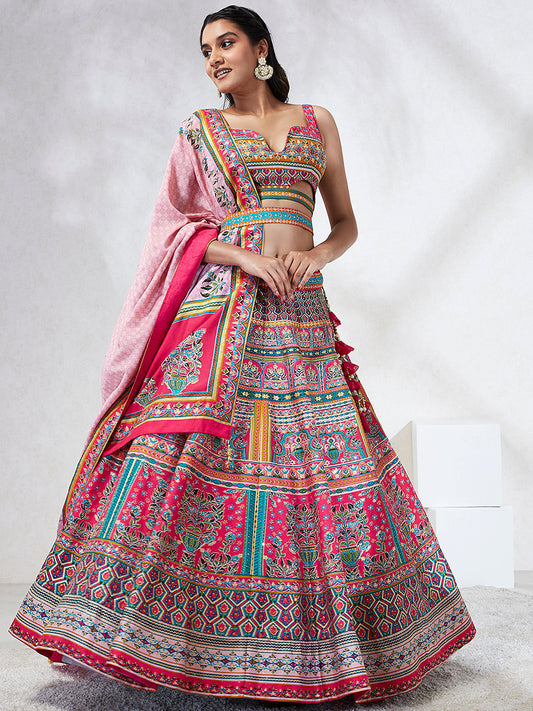 House of Panchhi Pink Pure Georgette Position Printing With Siroski Stone Work Lehenga Choli & Dupatta | Swadesiicart