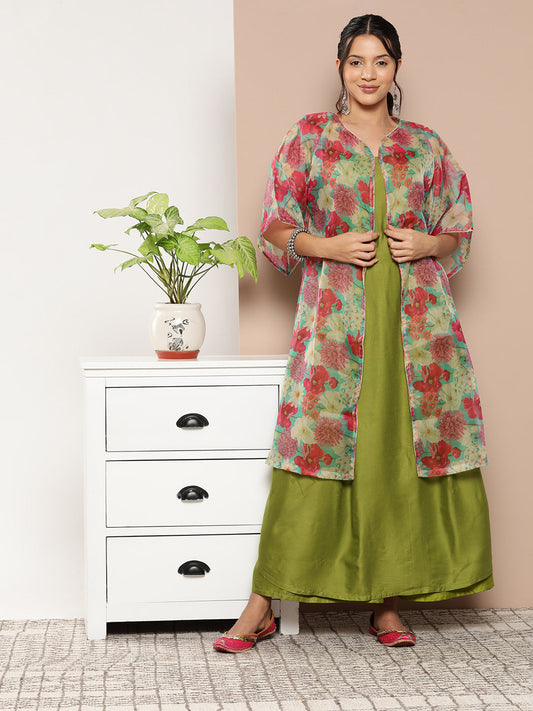 InWeave Women's Olive Green Strappy Set With Pink Green Floral Cape - Swadesiicart