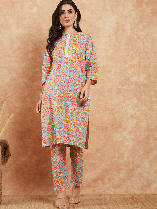 InWeave Women's Light Blue Floral Jaal Gota Work Straight Kurta Pant Set - Swadesiicart
