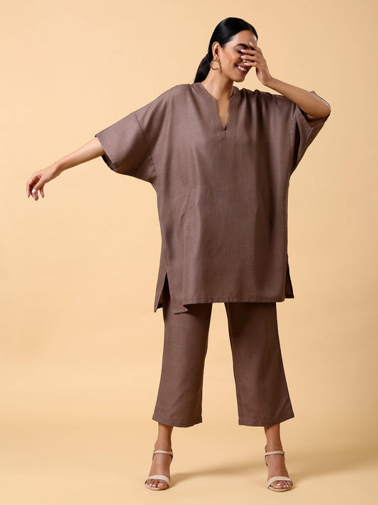 trueBrowns Cotton Linen Burnt Brown Boxy Fit Co-Ord Set - Swadesiicart