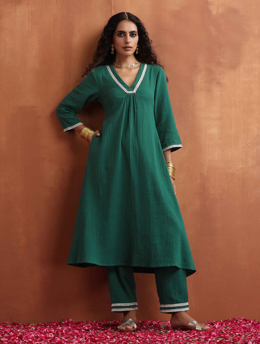 trueBrowns Green Cotton A-line Kurta Set | Swadesiicart
