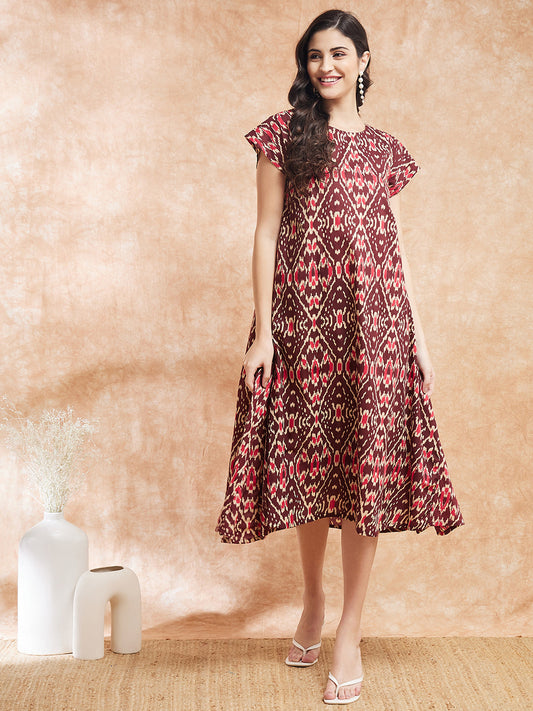 InWeave Women's Wine Ikkat Print A Line Dress - Swadesiicart
