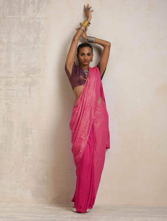 trueBrowns Pink Gold Metallic Ready To Wear Saree | Swadesiicart