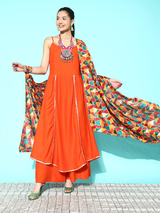 InWeave Women's Orange Red Gota Strappy Set With Multi Foil Muslin Dupatta - Swadesiicart