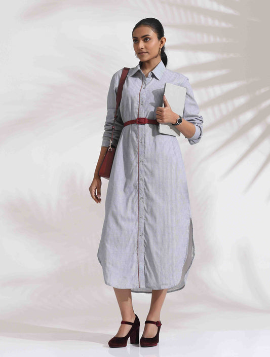 trueBrowns Grey Stripe Cotton Shirt Dress | Swadesiicart