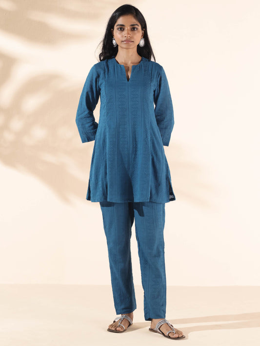 trueBrowns Blue Cotton Dobby Co-ord Set - Swadesiicart