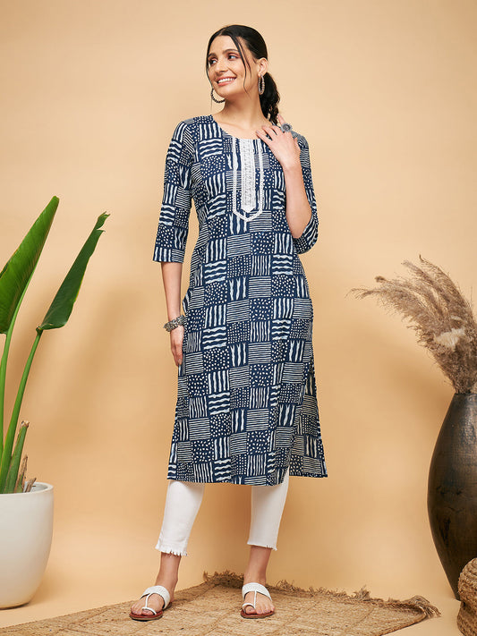 InWeave Women's Ankola Indigo With Tiles Hand Block Print Lace Straight Kurta - Swadesiicart