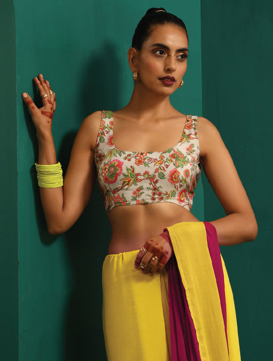 trueBrowns Off White Muslin Silk Floral Jaal Printed Scoop Neck Sleeveless Blouse | Swadesiicart