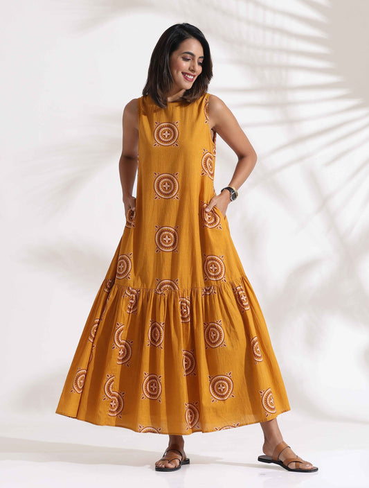 trueBrowns Mustard Cotton Print Tier Dress | Swadesiicart