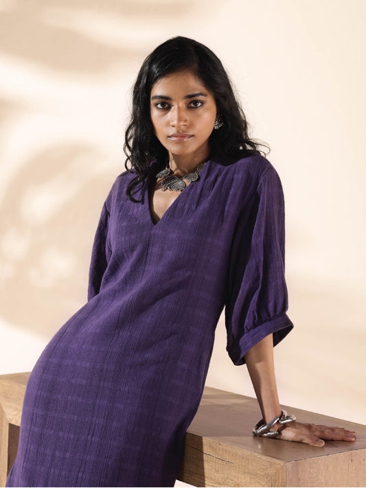 trueBrowns Purple Cotton Dobby Slit Dress | Swadesiicart