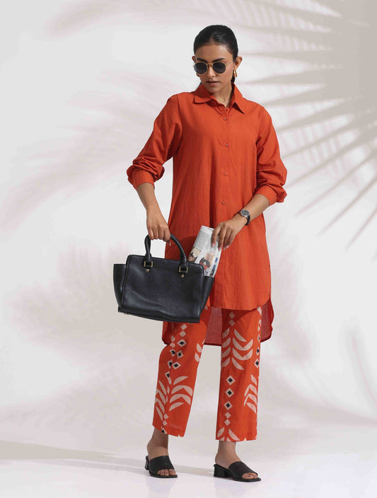 trueBrowns Orange Cotton Solid Shirt Kurta Co-ord Set - Swadesiicart