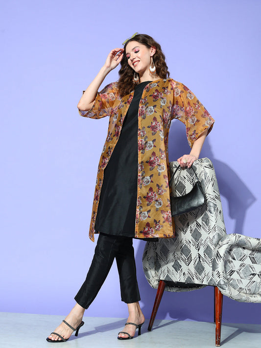 InWeave Women's Camel Brown White Rose Chintz Organza Cape