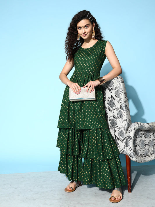 InWeave Women's Forest Green Gold Print Tiered Sharara Set - Swadesiicart