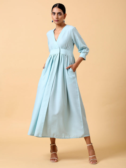 trueBrowns Cotton Linen Light Blue Wrap Dress | Swadesiicart