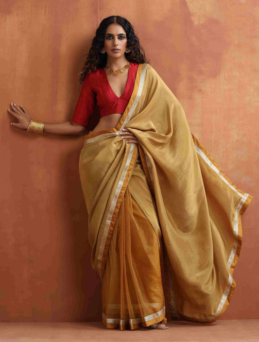trueBrowns Gold Tissue Ready To Wear Saree | Swadesiicart
